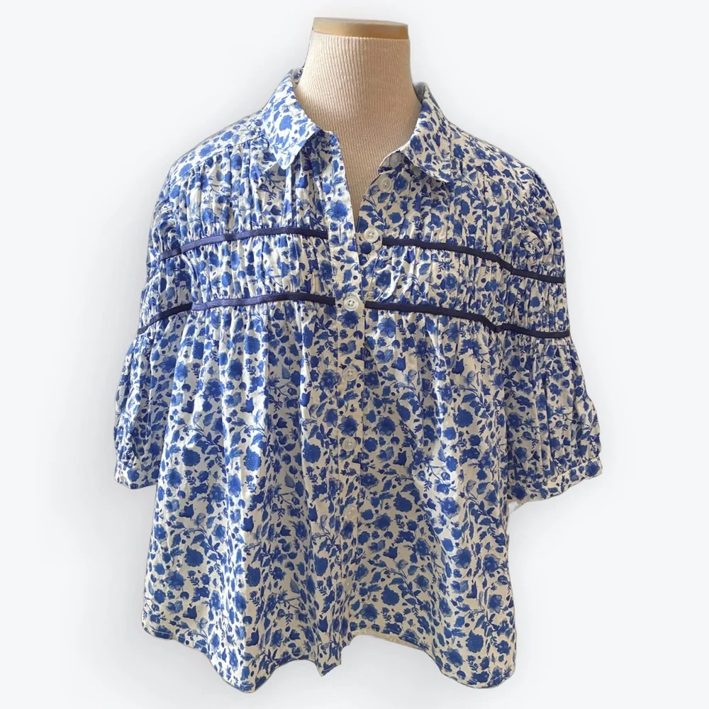 NWT Anthropologie Maeve Leandra Shirred Yoke Shirt Blue White Floral Cotton XL - Picture 3 of 11